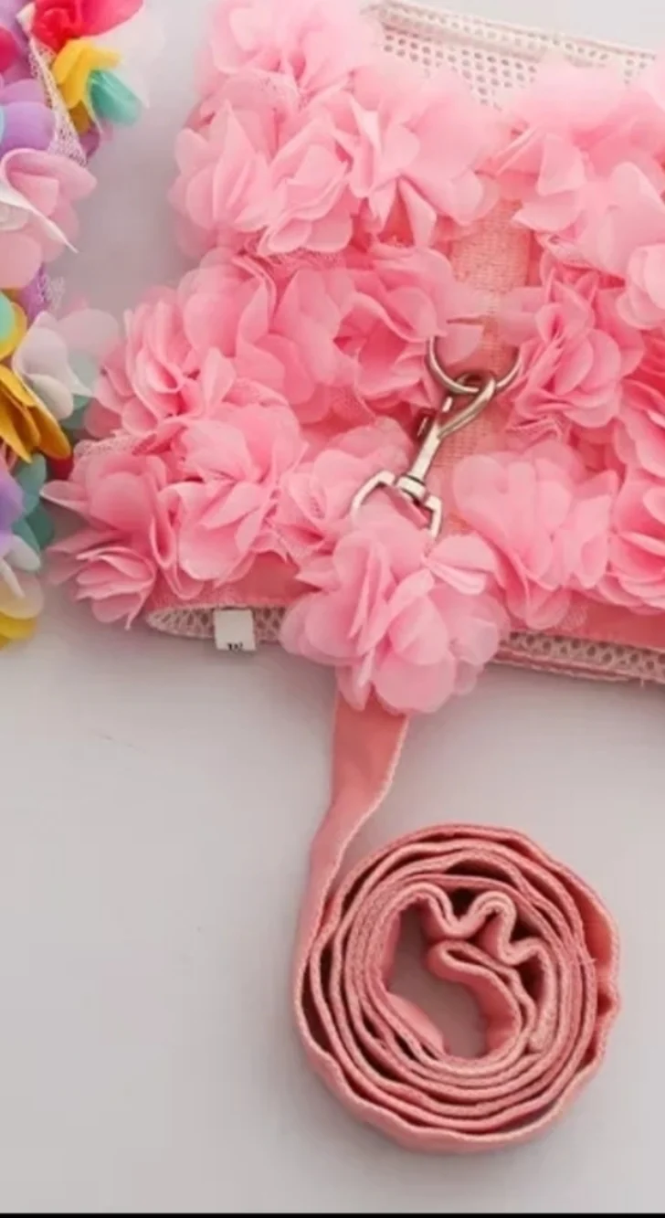 Pink ruffle dog harness and leash